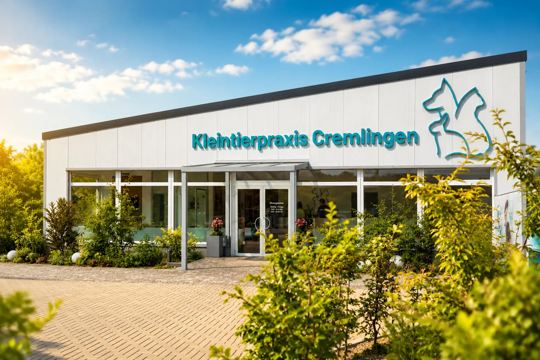 Außenansicht der Kleintierpraxis Cremlingen mit Eingang und Parkplätzen.